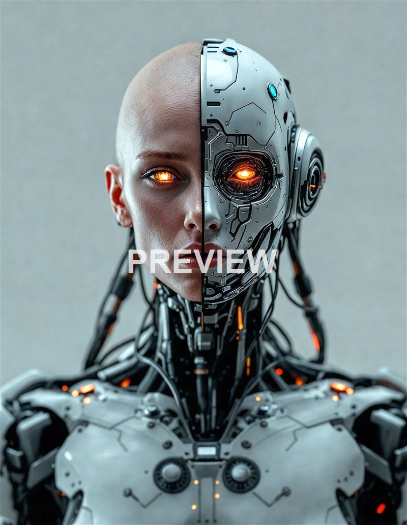 A humanoid robot with half of its face showing human skin and the other half revealing a metallic, cybernetic inner structure with glowing orange eyes.